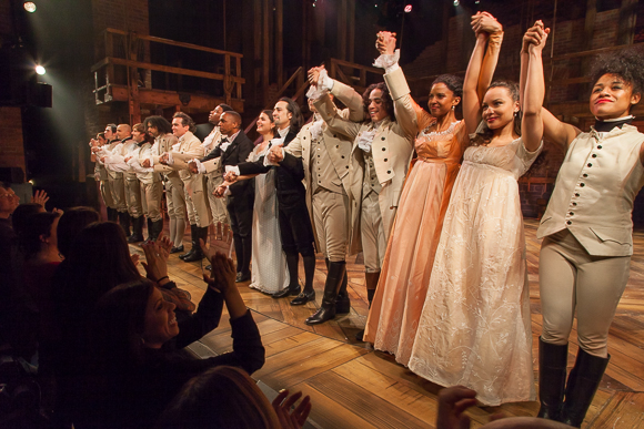 Renée Elise Goldsberry (third from right) with the cast take their bow on the opening night of Hamilton&#39;s off-Broadway run at The Public Theater.