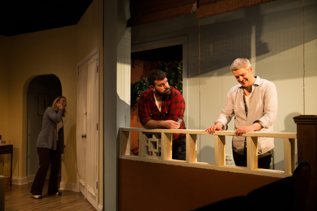 Kendra Thulin, Brad Akin, and Peter Moore in the world premiere of The Cheats at Steep Theatre. 