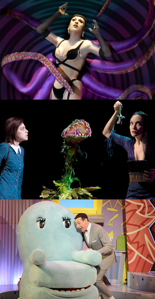 The work of Basil Twist has been seen in the form of tentacles in Arias With a Twist (top), Venus Flytraps in The Addams Family, opposite Krysta Rodgriguez and Bebe Neuwirth (center), and the beloved Chairy in The Pee-Wee Herman Show (bottom).