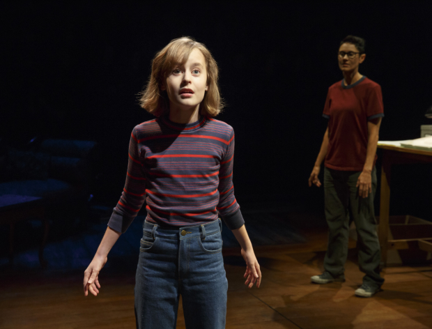 Sydney Lucas (front, center) with Beth Malone in a scene from Broadway&#39;s Fun Home, directed by Sam Gold, at the Circle in the Square Theatre on Braoadway.