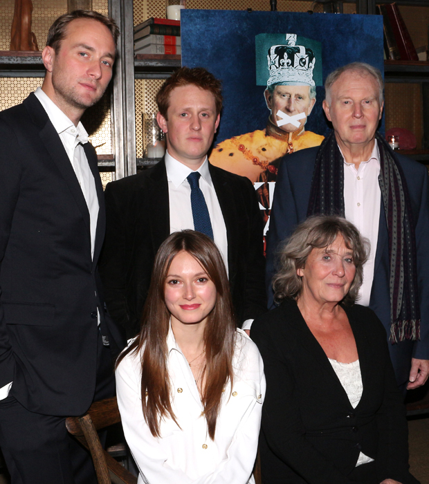 The Royal Family of Broadway&#39;s King Charles III: Oliver Chris (William), Richard Goulding (Harry), Lydia Wilson (Kate), Margo Leicester (Camilla), and Tim Pigott-Smith (Charles).