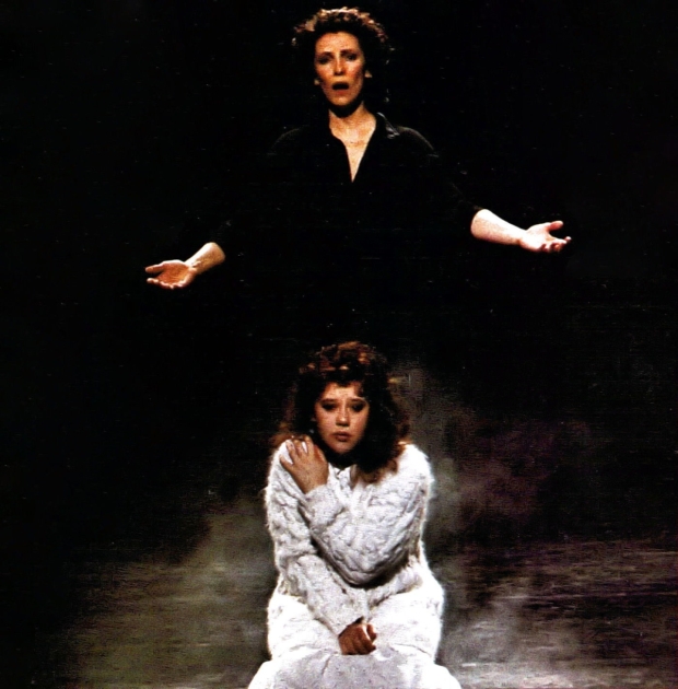 Betty Buckley and Linzi Hateley as Margaret and Carrie White in the original 1988 Broadway production of Carrie the Musical.