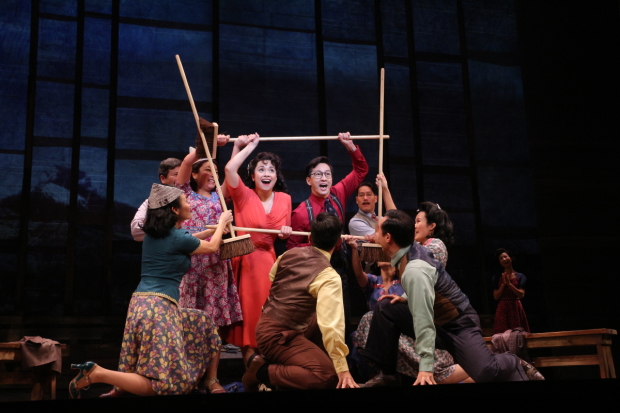The cast of Allegiance at the Longacre Theatre.