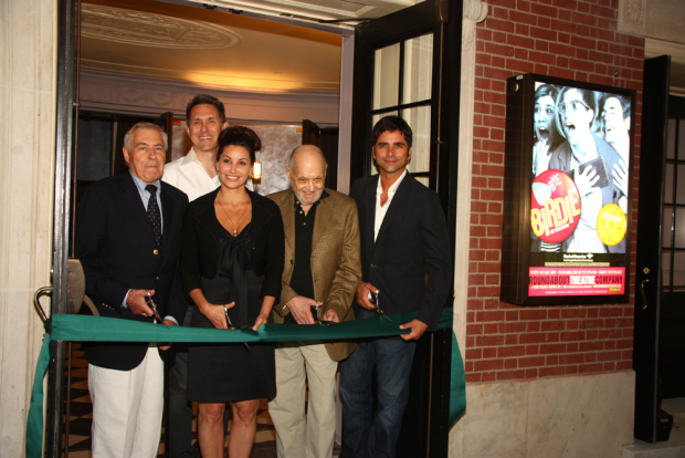 Lee Adams (right), Robert Longbottom, Gina Gershon, Charles Strouse, and John Stamos cut the ribbon on Broadway&#39;s Henry Miller&#39;s Theater before the 2009 Broadway revival of Bye Bye Birdie.