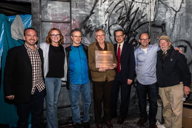 John Cullum (center) poses with Michael Rego, Jennifer Laura Thompson (Urinetown&#39;s original Hope Cladwell), Greg Kotis and Mark Hollman (Urinetown authors), Matthew Rego, and James Jennings, the Artistic Director of The American Theatre for Actors