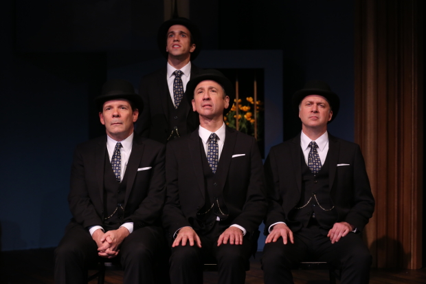 Thomas Jay Ryan, Rory Kulz (standing), Jay Russell, and Daniel Jenkins star in the Keen Company&#39;s Travels With My Aunt, directed by Jonathan Silverstein, at the Clurman Theatre.