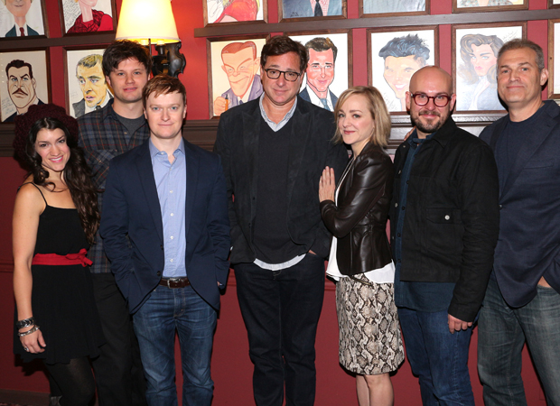 Bob Saget (center) joins the family of Hand to God alongside cast members Sarah Stiles, Michael Oberholtzer, Steven Boyer, Geneva Carr, playwright Robert Askins, and departing company member Marc Kudisch.