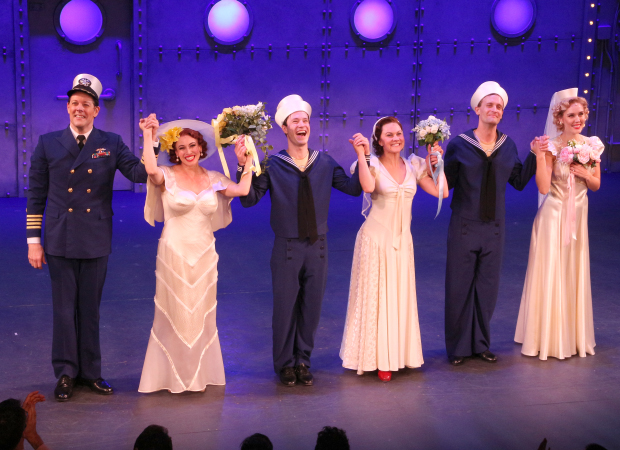John Bolton, Lesli Margherita, Cary Tedder, Eloise Kropp, Danny Gardner, and Mara Davi take their opening-night bow in Dames at Sea at the Helen Hayes Theatre.