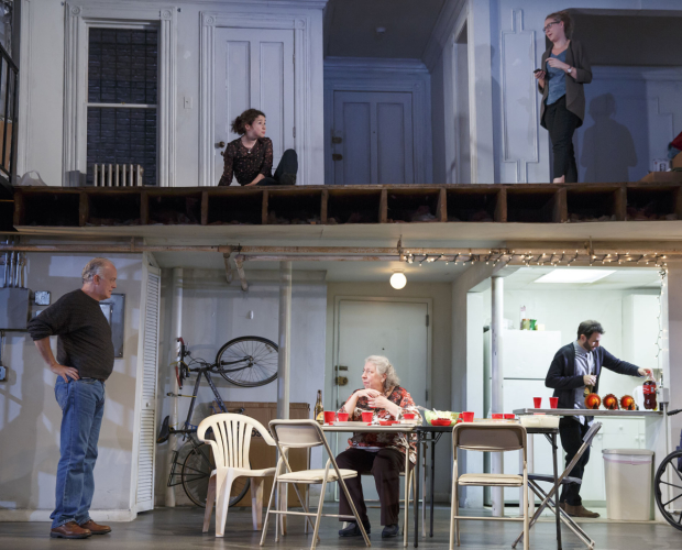 David Zinn&#39;s set depicts a duplex apartment with the fourth wall ripped off. Above: Brigid (Sarah Steel) speaks with Aimee (Cassie Beck). Below: Erik (Reed Birney) shares a moment with Deirdre (Jayne Houdyshell) as Richard (Arian Moayed) prepares dinner in the kitchen.  