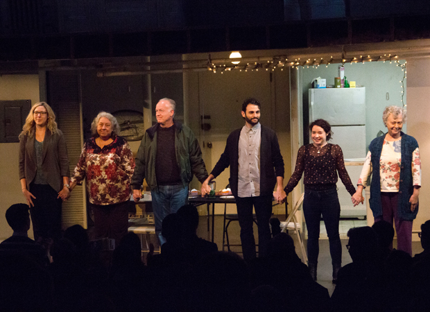 Cassie Beck, Jayne Houdyshell, Reed Birney, Arian Moayed, Sarah Steel, and Lauren Klein take their bows as The Humans opens.