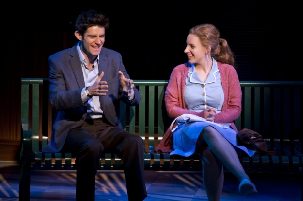 Drew Gehling as Dr. Pomatter and Jessie Mueller as Jenna in the American Repertory Theatre production of Waitress.