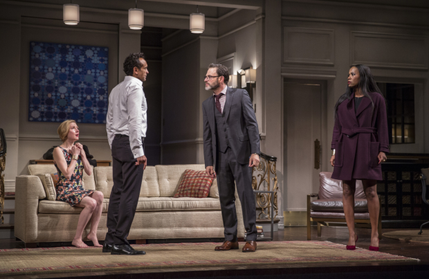 Nisi Sturgis, Bernard White, J. Anthony Crane, and Zakiya Young in Ayad Akhtar's Disgraced, directed by Kimberly Senior, at Berkeley Repertory Theatre.