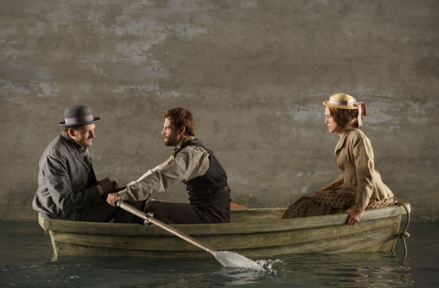 Gabriel Ebert, Matt Ryan, and Keira Knightley rowing in Thérèse Raquin&#39;s onstage river at Studio 54.