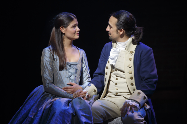 Phillipa Soo (Eliza Hamilton) and Lin-Manuel Miranda (Alexander Hamilton) in a scene from Hamilton at the Richard Rodgers Theatre.