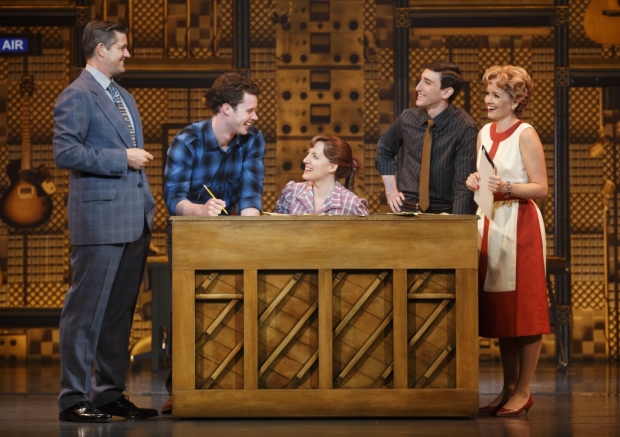 Curt Bouril (Don Kirshner), Liam Tobin (Gerry Goffin), Abby Mueller (Carole King), Ben Fankhauser (Barry Mann) and Becky Gulsvig (Cynthia Weil) in the national tour of Beautiful.