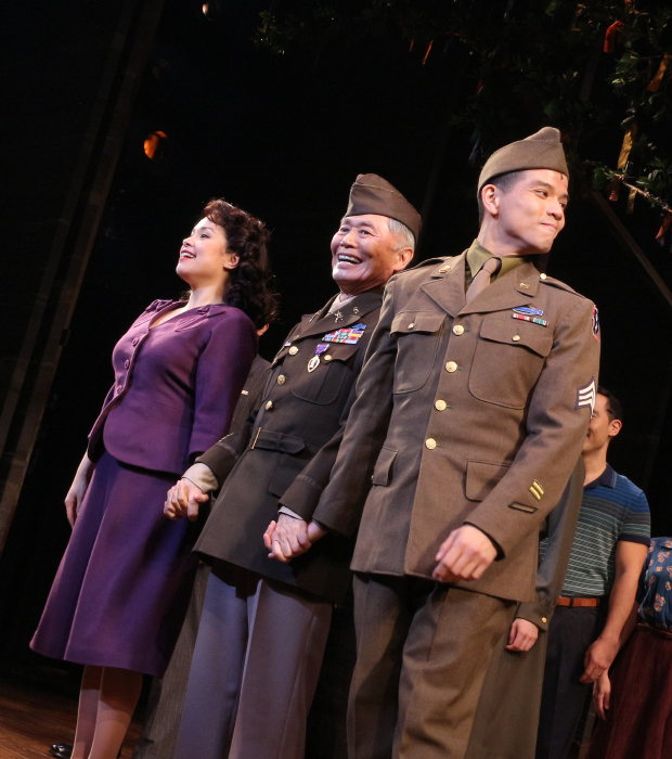 Lea Salonga, George Takei, and Telly Leung take their bows on the opening night of Allegiance at the Longacre Theatre.