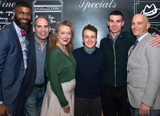 Director Niegel Smith (left) and playwright Taylor Mac (right) join Hir cast members Daniel Oreskes, Kristine Nielsen, Tom Phelan, and Cameron Scoggins for a group shot.