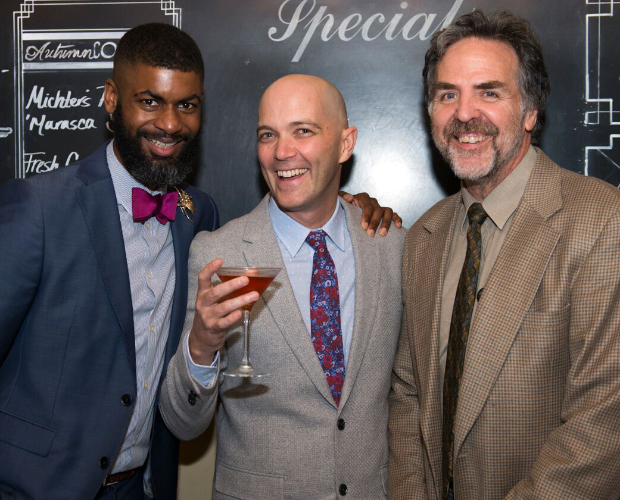 Hir author Taylor Mac (center) takes an opening-night photo with director Niegel Smith (left) and Playwrights Horizons artistic director Tim Sanford (right).