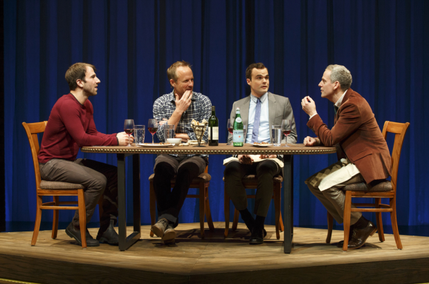 Alex Hurt, John Benjamin Hickey, Stephen Plunkett, and Patrick Breen star in Peter Parnell&#39;s Dada Woof Papa Hot, directed by Scott Ellis, at Lincoln Center Theater&#39;s Mitzi E. Newhouse Theater. 