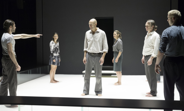 Michael Zegen, Phoebe Fox, Mark Strong, Nicola Walker, Michael Gould, and Russell Tovey star in Arthur Miller&#39;s A View From the Bridge, directed by Ivo van Hove, at Broadway&#39;s Lyceum Theatre.