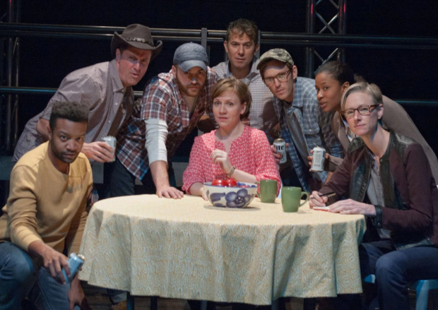 The cast of Spill, written and directed by Leigh Fondakowski, at TimeLine Theatre&#39;s Stage 773.  