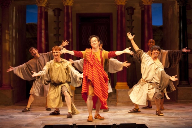 Christopher Fitzgerald (center) plays Pseudolus in Jessica Stone&#39;s all-male production of A Funny Thing Happened on the Way to the Forum, a role that he originated in this version&#39;s 2010 premiere at Williamstown Theatre Festival.