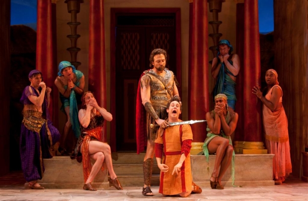 Graham Rowat and Christopher Fitzgerald reprise their Williamstown work as Miles Gloriosus and Pseudolus in the new Two River Theater production of A Funny Thing Happened on the Way to the Forum.