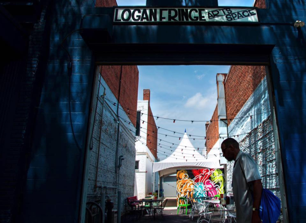 An outdoor view of the Logan Fringe Arts Space.