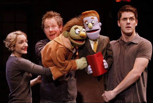 Maggie Lakis, Cullen R. Titmus, Nicky, Rod, and Seth Rettberg in a scene from Avenue Q.