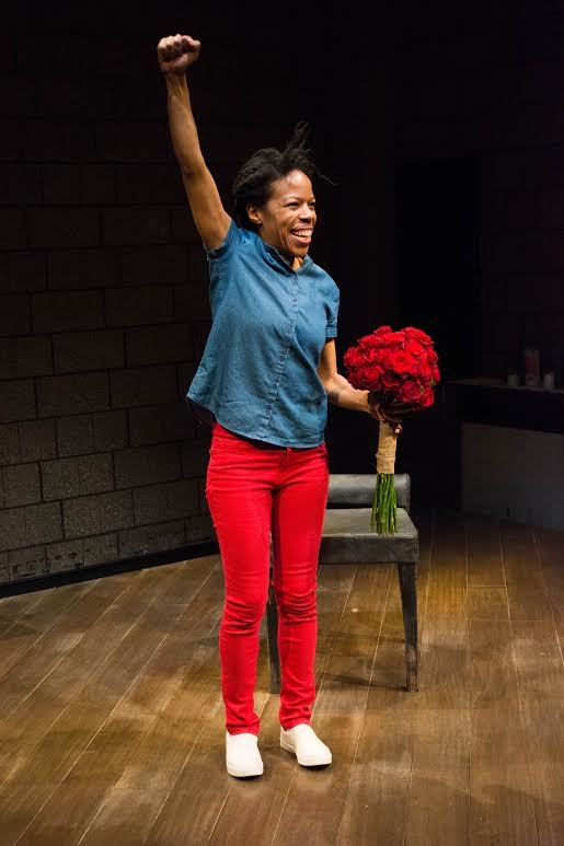 Nilaja Sun takes her opening night bow in Pike St. at Abrons Arts Center.
