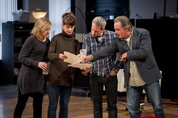 Playwright/director Bruce Norris (center) gives notes to cast members Mary Beth Fisher, Beth Lacke, and Tom Irwin.