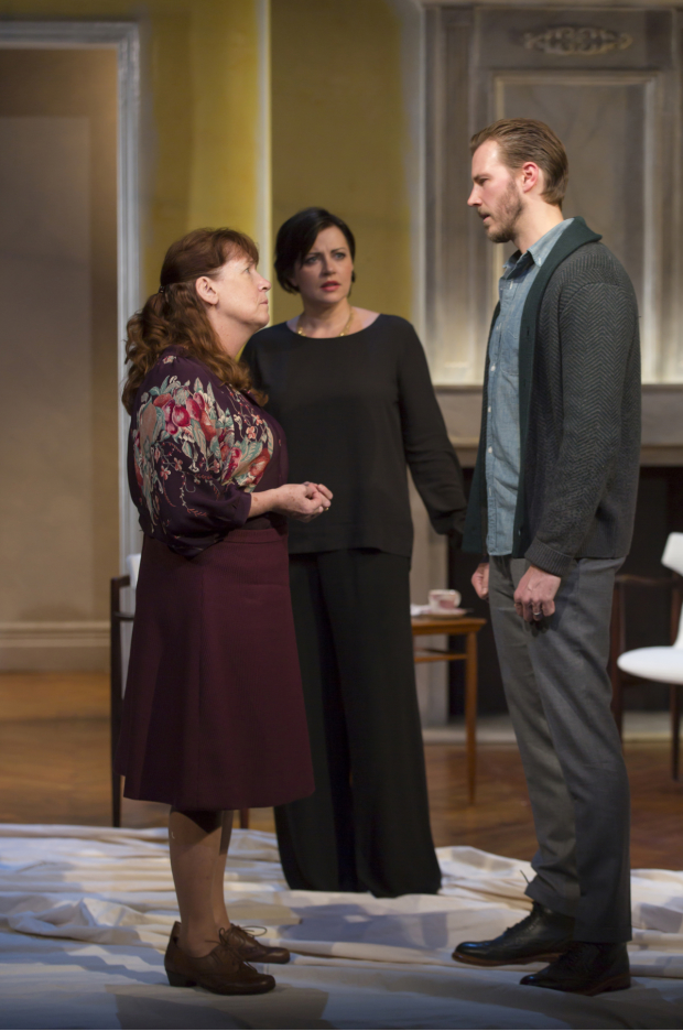 Ann Dowd as Doré, Dagamara Dominczyk as Liana, and Bill Heck as Marcus in Naomi Wallace&#39;s &#39;&#39;Night is a Room, directed by Bill Heck, at the Pershing Square Signature Center.