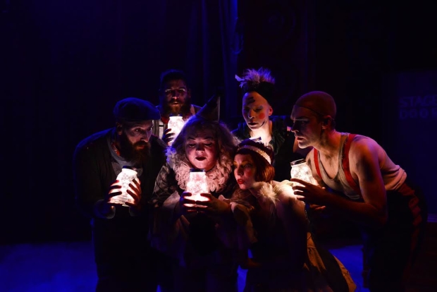 Jay Torrence, Leah Urzendowski, Ryan Walters, Pam Chermansky, Anthony Courser, and Molly Plunk in a scene from The Ruffians' production of Burning Bluebeard.