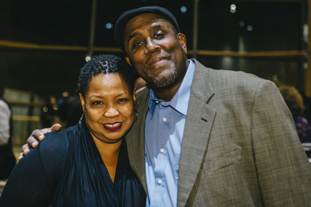 Cast members Aimee K. Bryant and James A. Williams celebrate their opening night.