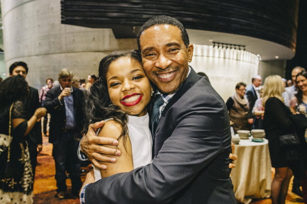 Johannah Easley (Akeelah) gets a hug from her director, Charles Randolph-Wright, at the opening night for Akeelah and the Bee at Arena Stage.