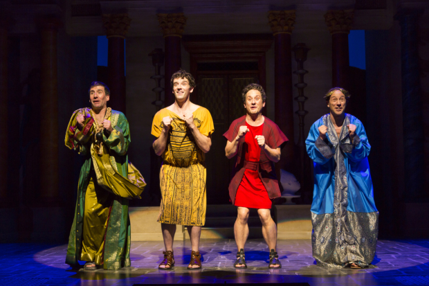 David Josefsberg (Marcus Lycus), Michael Urie (Hysterium), Christopher Fitzgerald (Pseudolus), and Kevin Isola (Senex) star in A Funny Thing Happened on the Way to the Forum, directed by Jessica Stone, at Two River Theater.