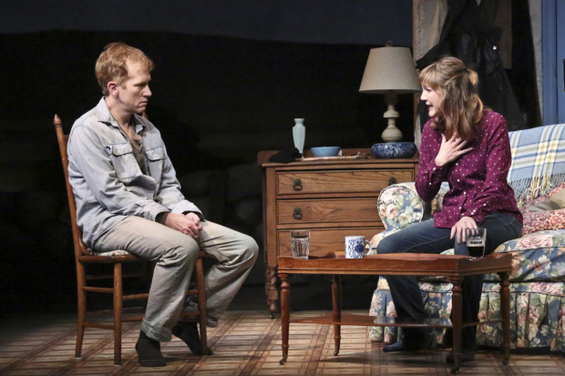 Dan Donohue (Anthony Reilly) and Jessica Collins (Rosemary Muldoon) in John Patrick Shanley&#39;s Outside Mullingar, directed by Randall Arney, at the Geffen Playhouse.