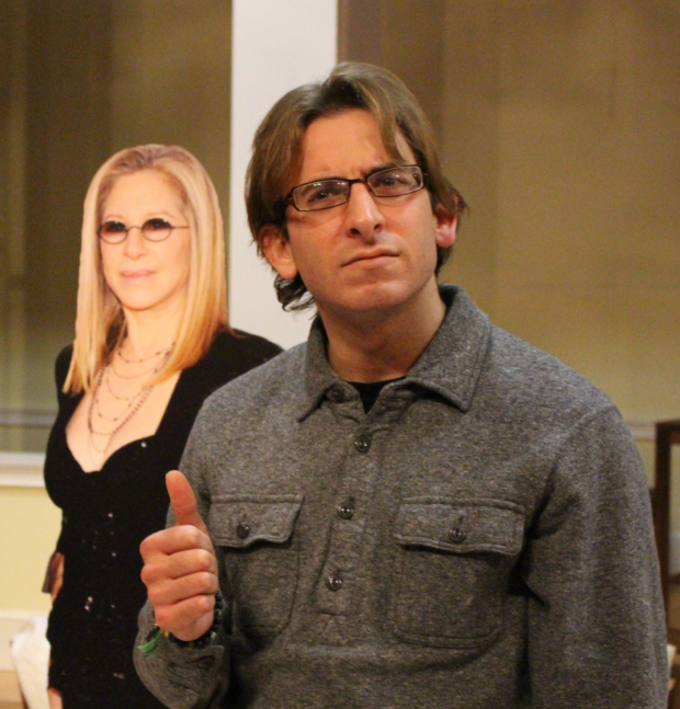 Phil Tayler poses next to a glorious Barbra Streisand cutout, preparing for Jonathan Tolin's Buyer &amp; Cellar.