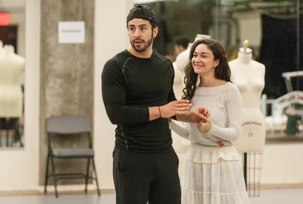 Sean Ewing (Bernardo) and MaryJoanna Grisso (Maria) rehearse a moment from West Side Story.