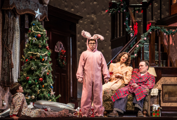 Hudson Loverro (Randy), Colton Maurer (Ralphie), Elena Shaddow (Mother), and Chris Hoch (The Old Man) in A Christmas Story, directed by Brandon Ivie, at Paper Mill Playhouse.