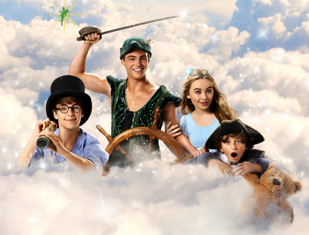 Corey Fogelmanis as John, Kevin Quinn as Peter Pan, Sabrina Carpenter as Wendy, and August Maturo as Michael in Peter Pan and Tinkerbell. 