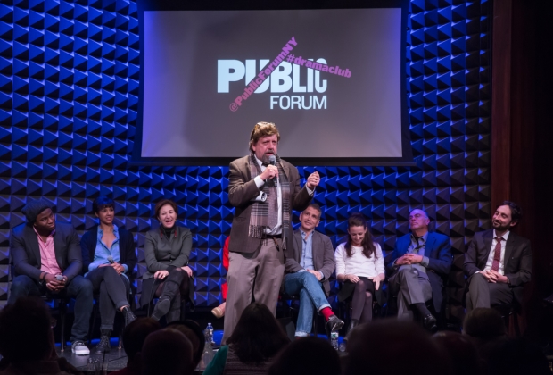 Public Theater Artistic Director Oskar Eustis takes the microphone before the company of Public Forum Drama Club: The Long Christmas Dinner.