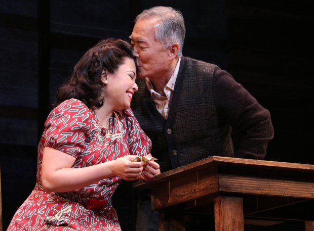 Lea Salonga and George Takei onstage on the opening night of Allegiance.