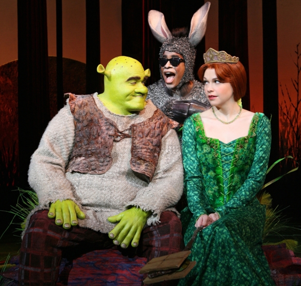 Brian d&#39;Arcy James as Shrek, Daniel Breaker as Donkey, and Sutton Foster as Princess Fiona in the 2008 Broadway premiere of Shrek the Musical.