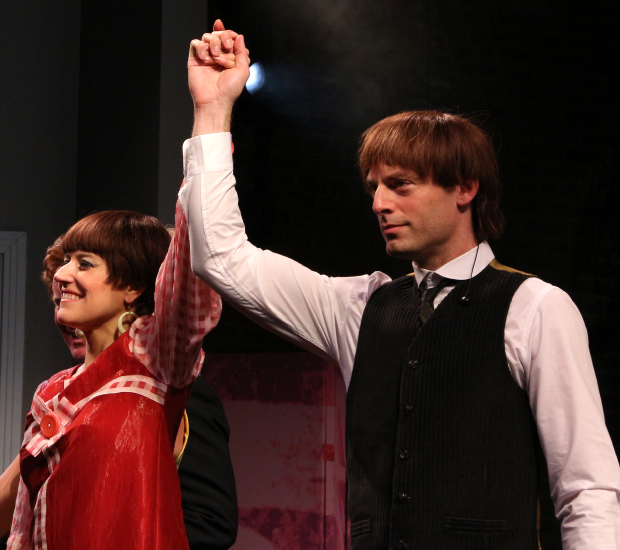 Nicole Parker and Justin Kirk take their bow on the opening night of These Paper Bullets! at Atlantic Theater Company.
