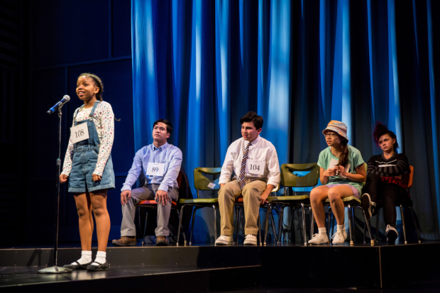 Johannah Easley, Sean Phinney, Leo James, Molly Yeselson, and Ana Christine Evans in Children's Theatre Company's Akeelah and the Bee, directed by Charles Randolph-Wright, at Arena Stage.