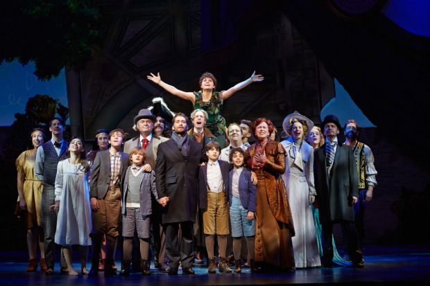 Melanie Moore (center) as Peter Pan in Broadway&#39;s Finding Neverland. 