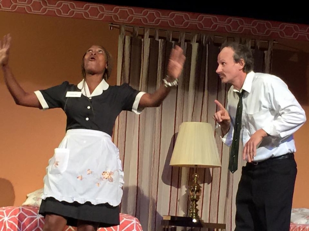 Cristal Christian and Robert Branch perform a scene from Katori Hall&#39;s The Mountaintop, directed by Michael Oatman, at Kent State University.