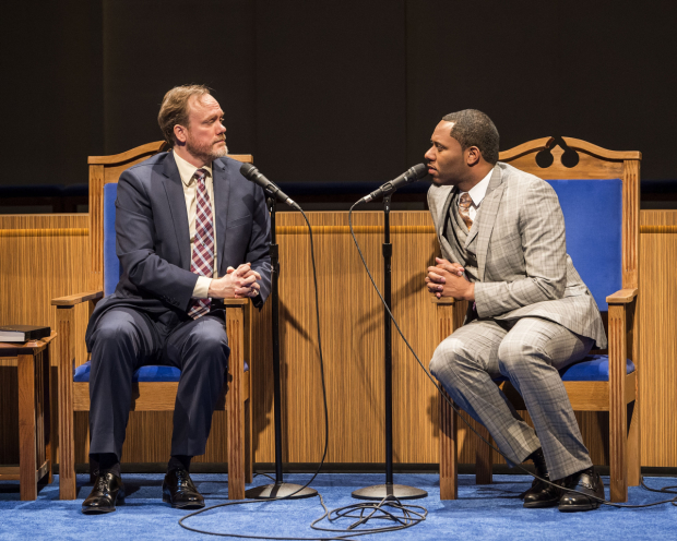 Andrew Garman and Larry Powell as pastor Paul and pastor Joshua in Lucas Hnath&#39;s The Christians, directed by Les Waters, at the Mark Taper Forum.