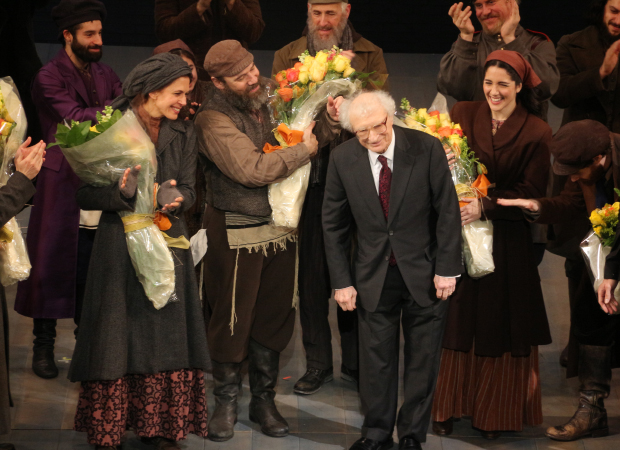 As Jessica Hecht, Danny Burstein, and Samantha Massell look on, Fiddler on the Roof lyricist Sheldon Harnick joins the cast for an opening-night bow.